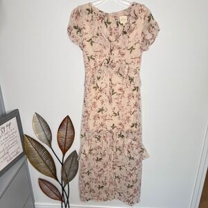 H9 Parc & Lex Pink Floral Ruffle High-Low Midi Dress Short Flutter Sleeve Slit S